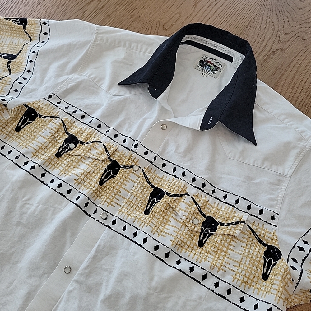Vtg Cumberland Outfitters Western Shirt XL Pearl Snap Rodeo Longhorn Bull Pocket